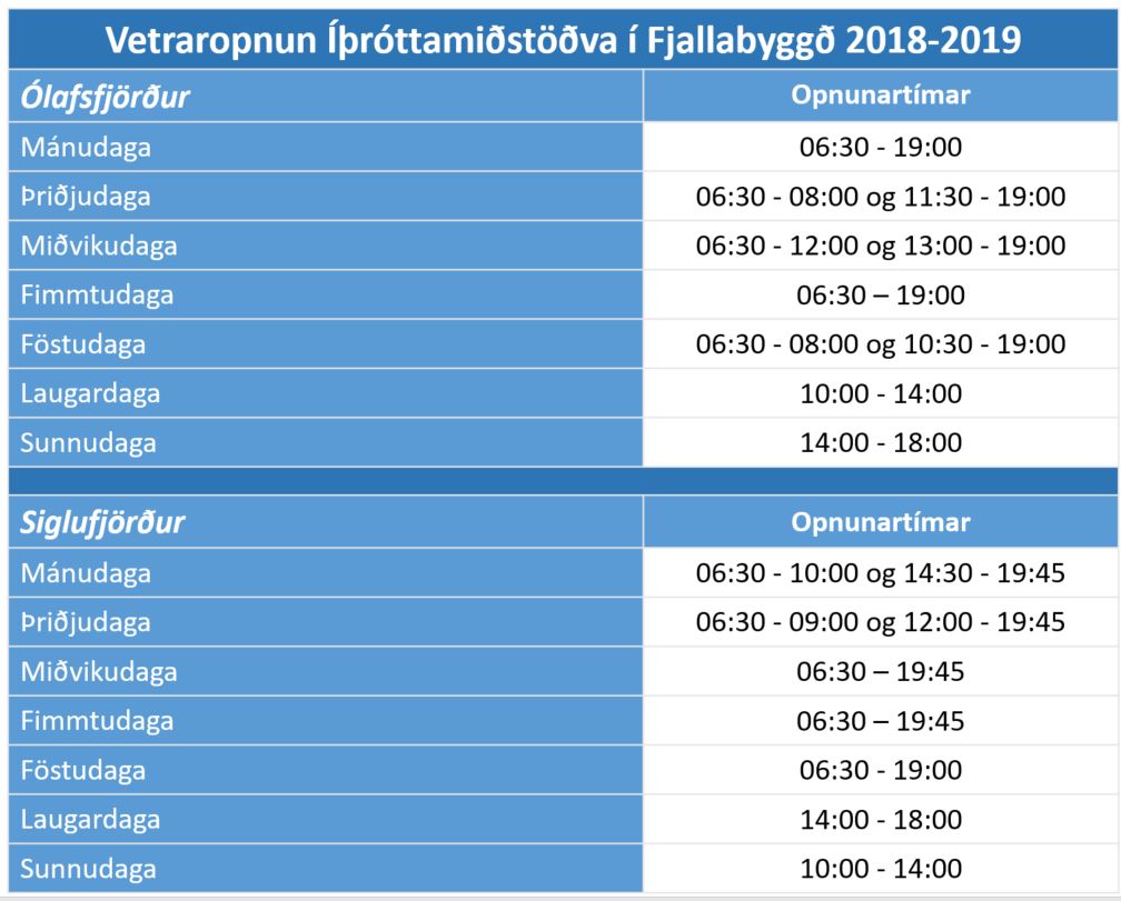 Opnunartímar íþróttamiðstöðva 2018-2019